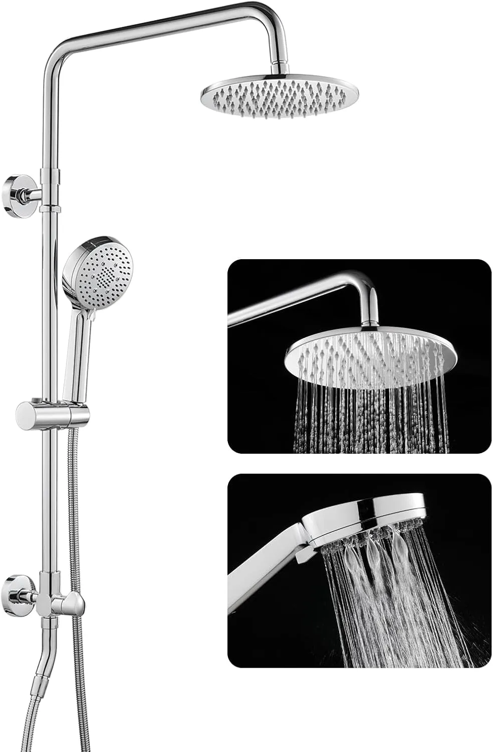 ROVOGO Dual Shower Head with 22" Slide Bar, Retrofit Shower System with 8" Rain Shower and 5-Setting Handheld, 304 Stainless Steel Exposed Pipe Shower Column Kit with 3-Way Diverter, Chrome