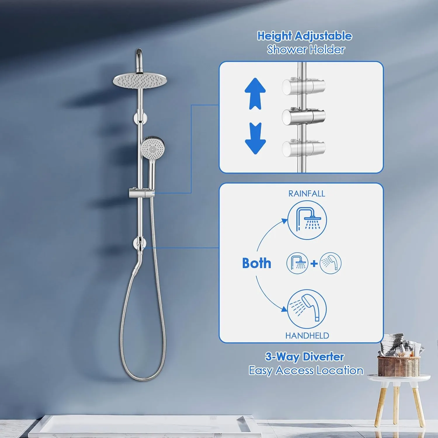 ROVOGO Dual Shower Head with 22" Slide Bar, Retrofit Shower System with 8" Rain Shower and 5-Setting Handheld, 304 Stainless Steel Exposed Pipe Shower Column Kit with 3-Way Diverter, Chrome