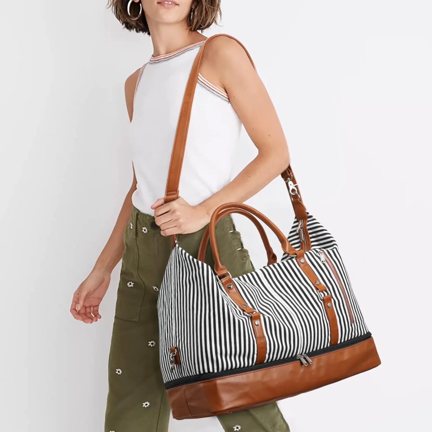 S-ZONE 21" Weekender Bags for Women 50L Canvas Overnight Weekend Bag with Shoe Compartment