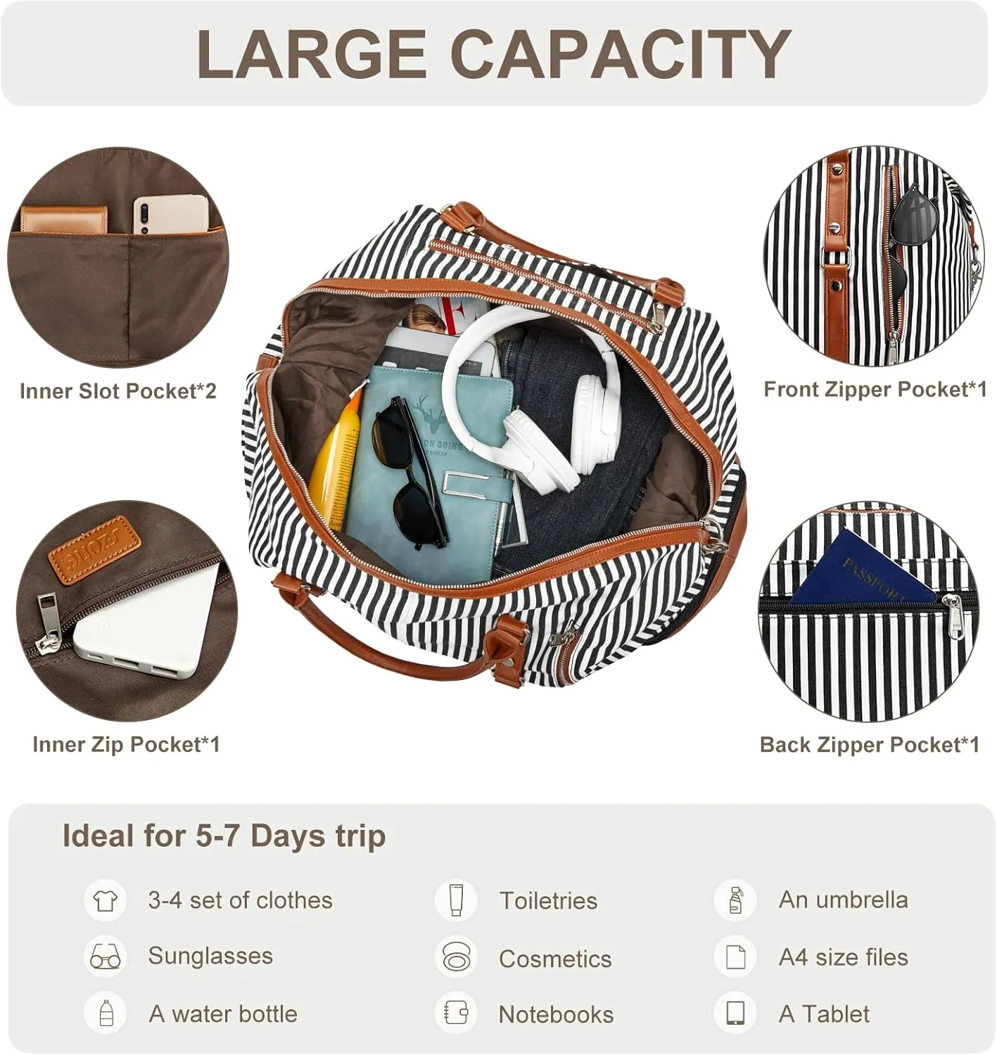 S-ZONE 21" Weekender Bags for Women 50L Canvas Overnight Weekend Bag with Shoe Compartment