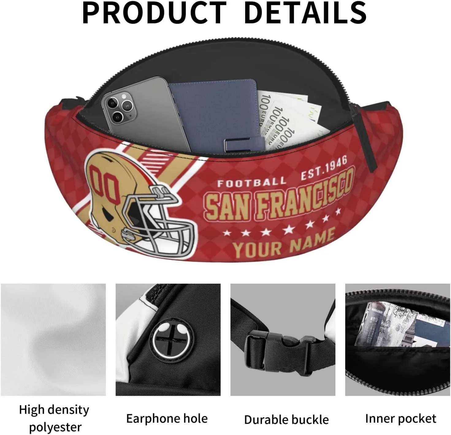 San Francisco Waist Bag Adjustable Football Belt Bag Personalized Custom Fanny Pack Sports Hiking Running Belt Waist Pack for Women Men Fans Gifts