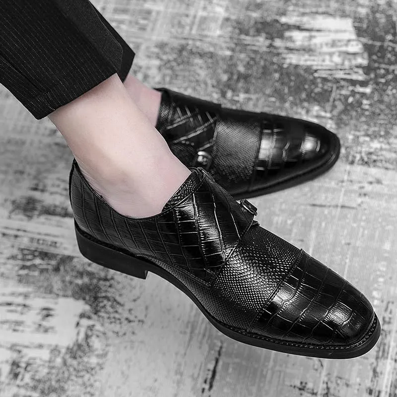 Santimon Men's Leather Monk Strap Loafers Crocodile Snake Printed Formal Dress Business Casual Slip On Shoes