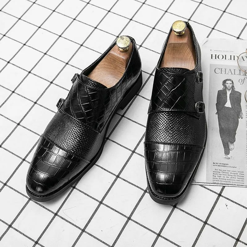 Santimon Men's Leather Monk Strap Loafers Crocodile Snake Printed Formal Dress Business Casual Slip On Shoes