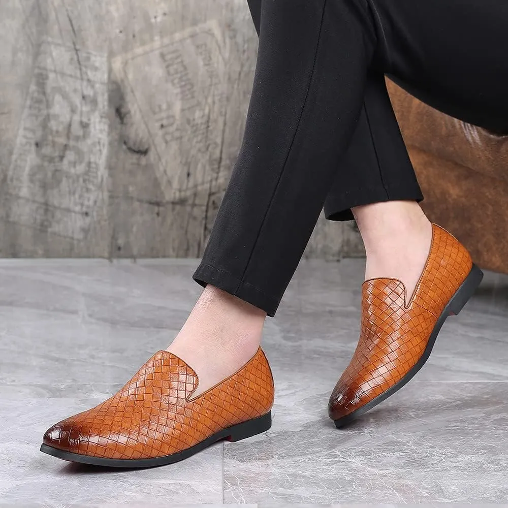 Santimon Men's Woven Moccasin Smoking Loafers Dress Casual Easy Slip-On Leather Formal Lightweight Driving Walking Shoes