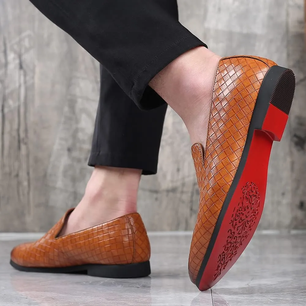 Santimon Men's Woven Moccasin Smoking Loafers Dress Casual Easy Slip-On Leather Formal Lightweight Driving Walking Shoes