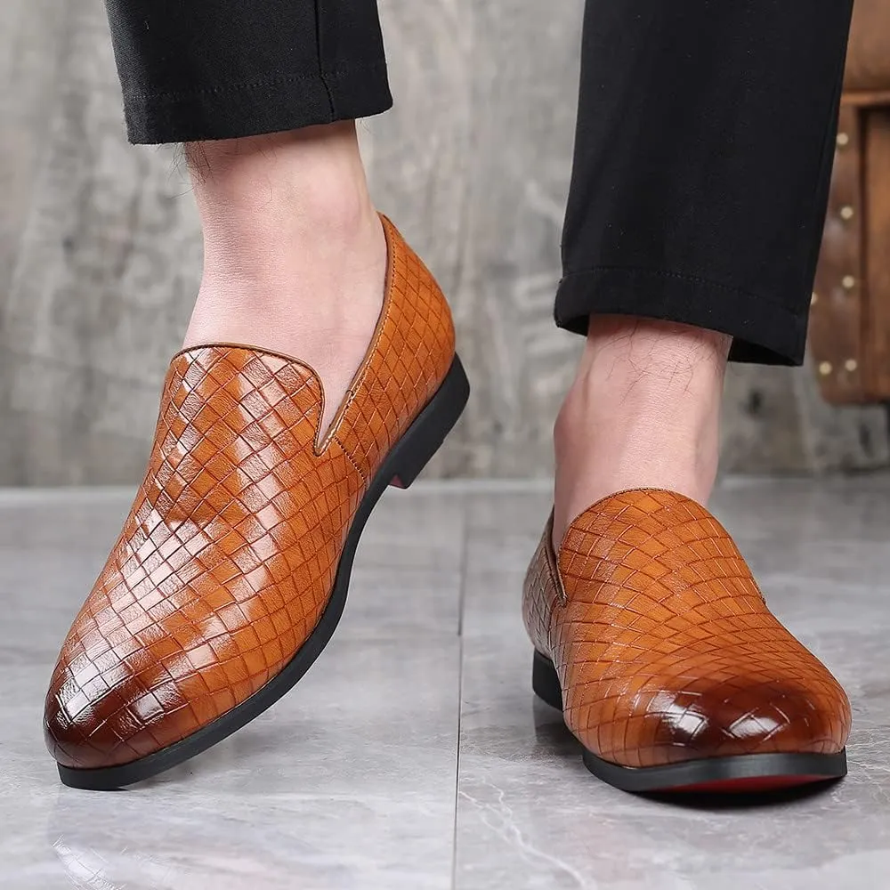 Santimon Men's Woven Moccasin Smoking Loafers Dress Casual Easy Slip-On Leather Formal Lightweight Driving Walking Shoes