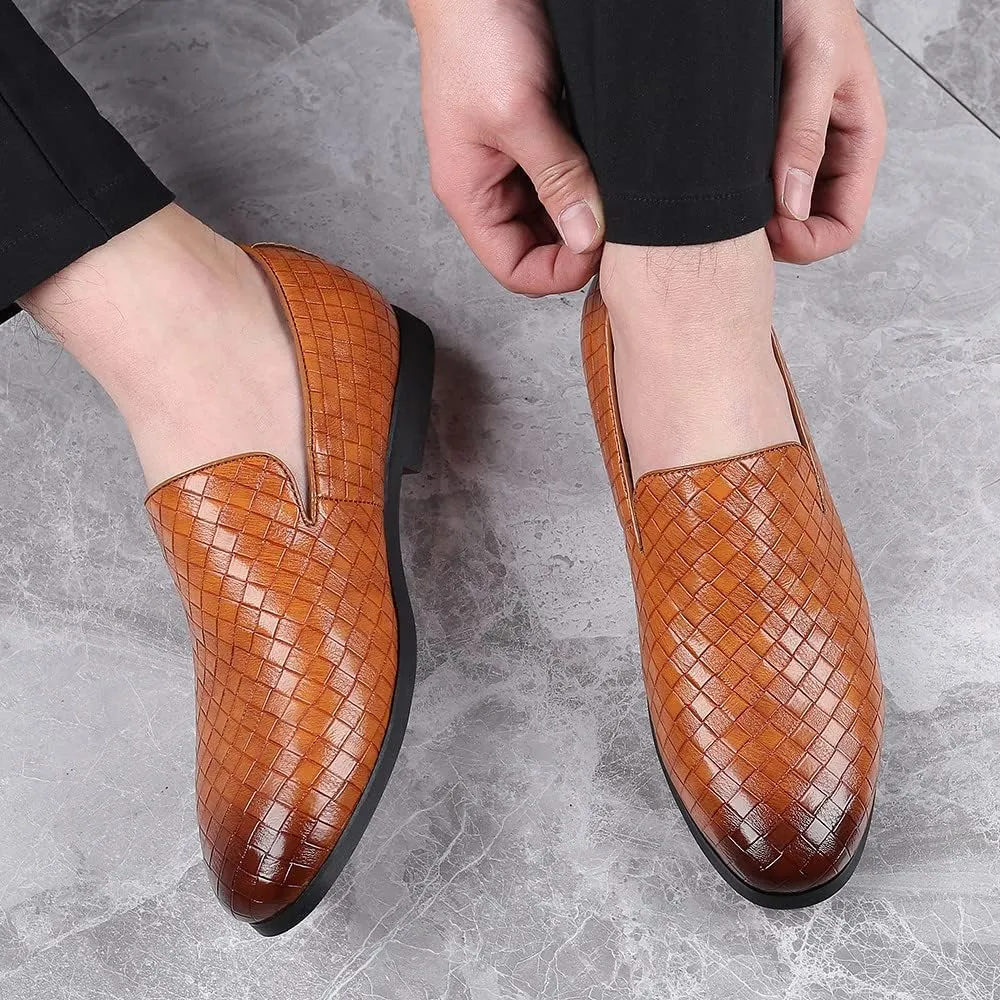 Santimon Men's Woven Moccasin Smoking Loafers Dress Casual Easy Slip-On Leather Formal Lightweight Driving Walking Shoes