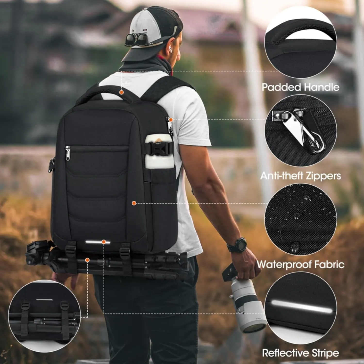 SDYSM Camera Bag Backpack Professional for DSLR SLR Mirrorless Camera Waterproof Laptop Back Pack 14 Inch with Rain Cover Anti Theft Travel Case Large Capacity Photography Backpack Black