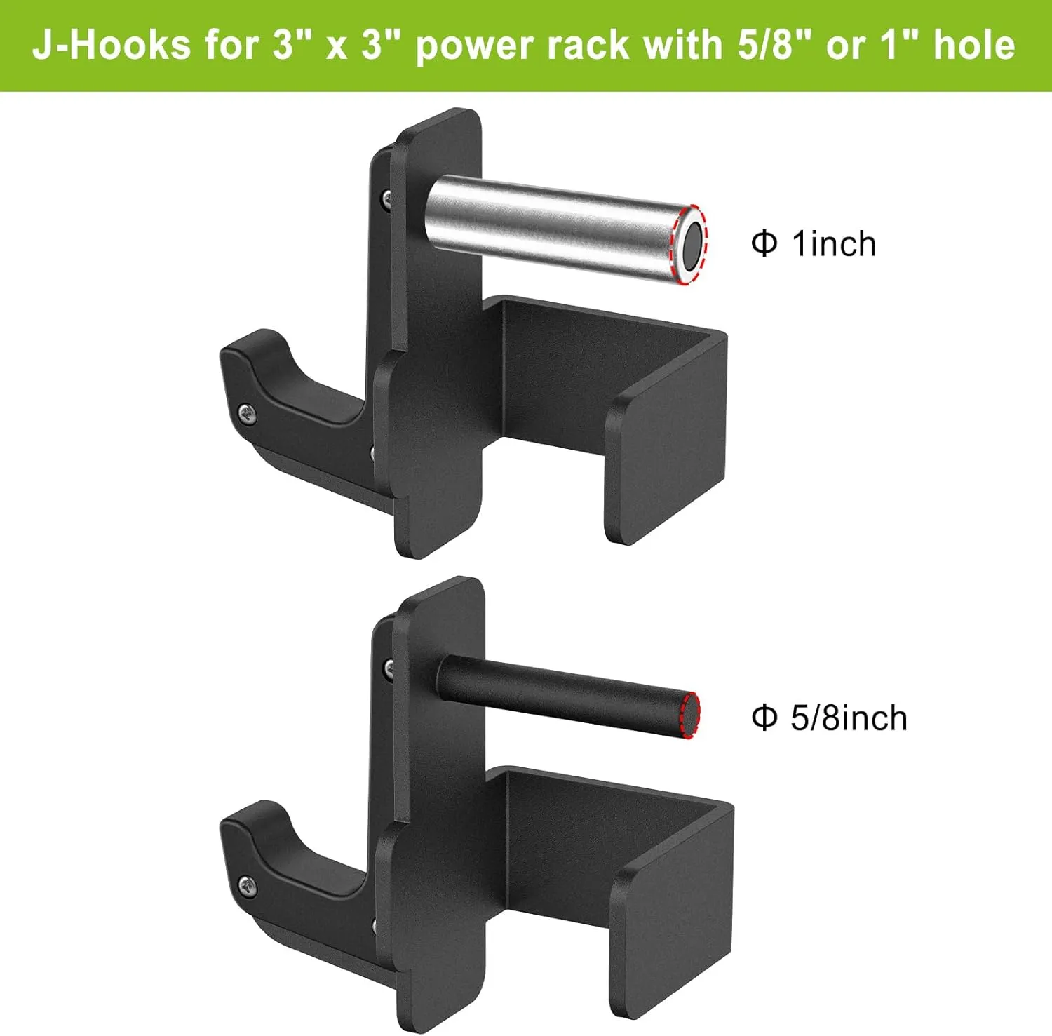 SELEWARE Solid Steel J Hooks for 2" x 2" or 3" x 3" Tube Power Cage with 1" or 5/8" Hole Squat Rack Attachment, J-Hook Barbell Holder for Power Rack, Set of 2