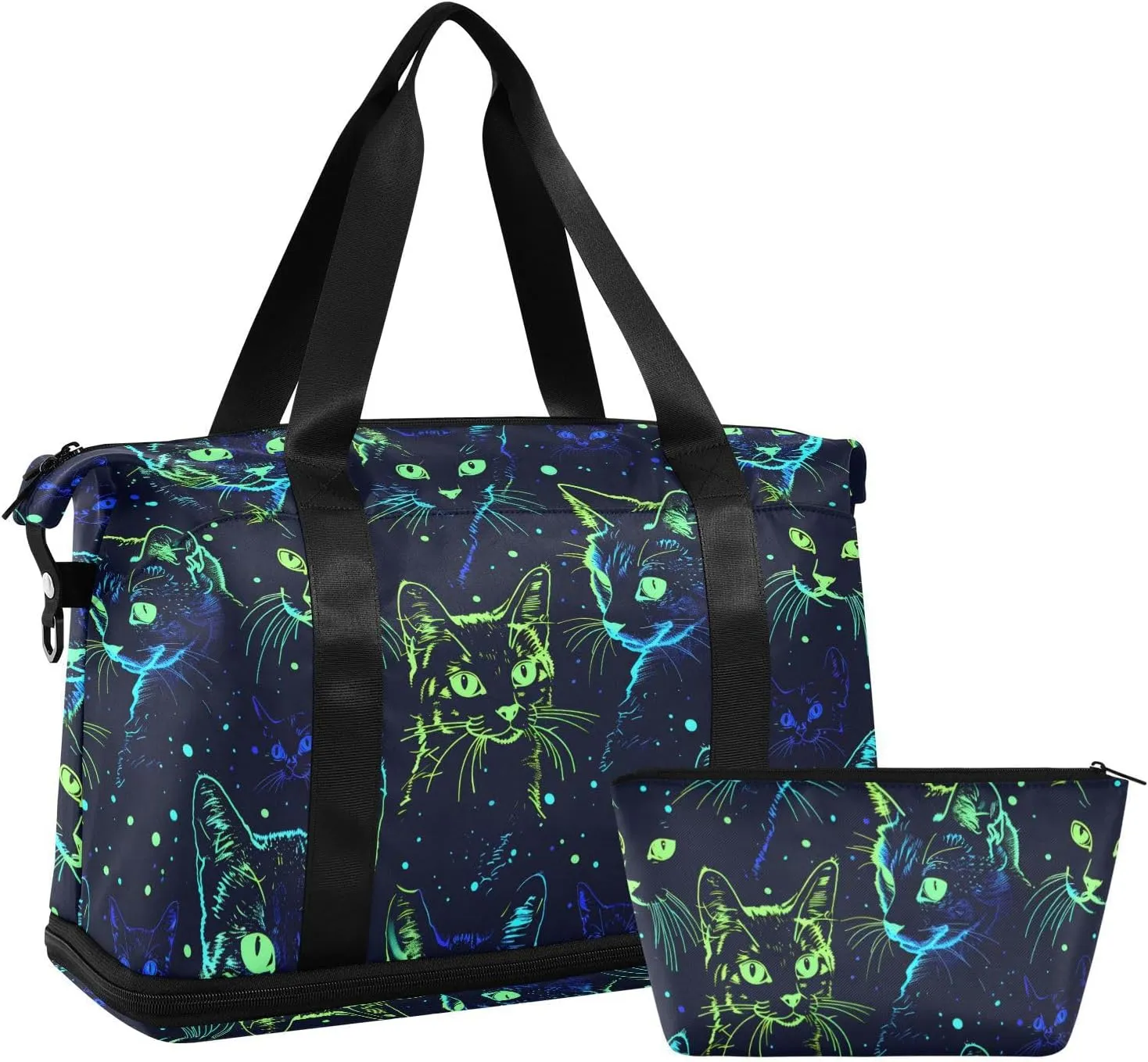 senya Cat Weekender Bag for Women, Neon Cats Graffiti Wireframe Gym Bag Sports Duffle Bag Travel Tote Bag with Toiletry Bag Shoes Compartment Dry/Wet Separation Swim Bag, A06Y22017