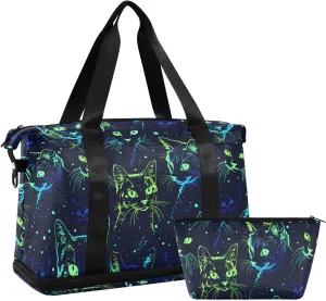 senya Cat Weekender Bag for Women, Neon Cats Graffiti Wireframe Gym Bag Sports Duffle Bag Travel Tote Bag with Toiletry Bag Shoes Compartment Dry/Wet Separation Swim Bag, A06Y22017