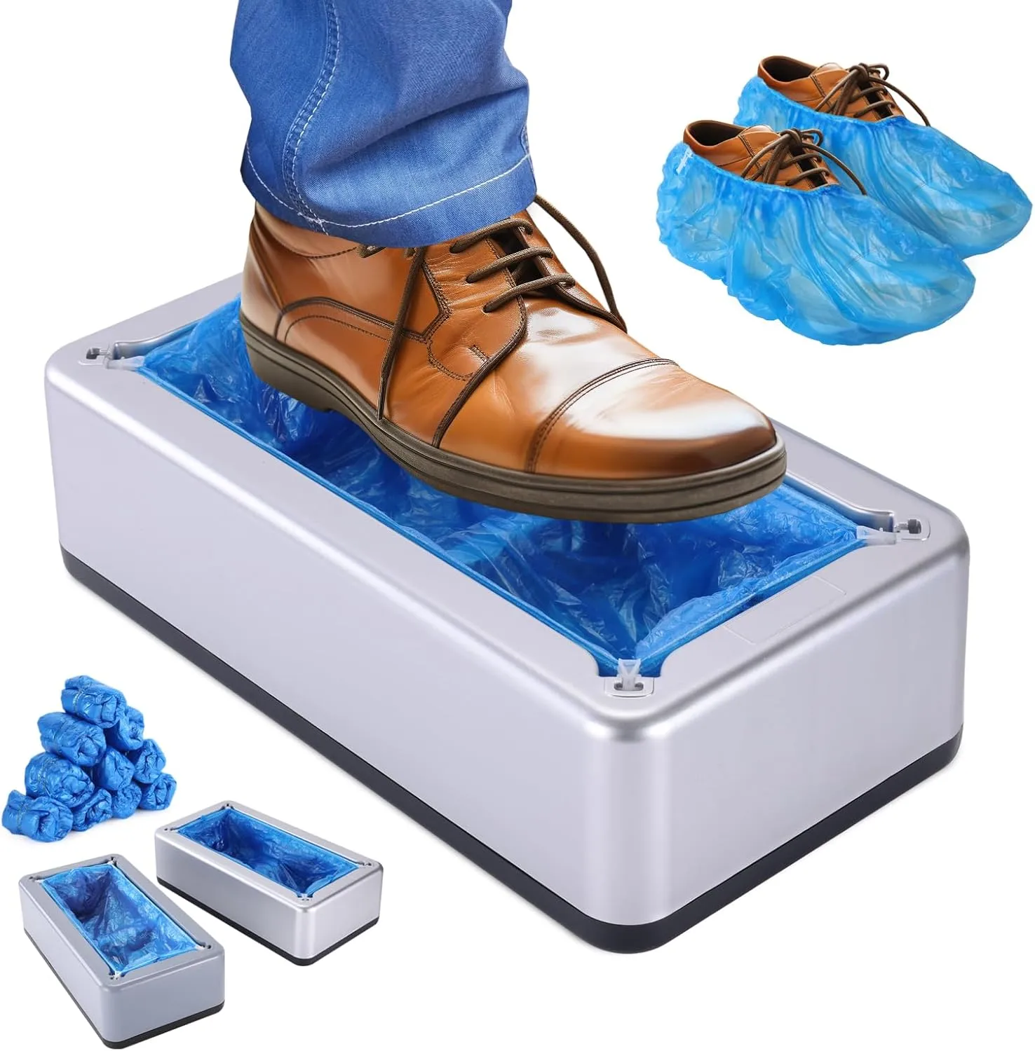 Shoe Covers Dispenser with 200pcs Shoe Cover Disposable Non Slip,Automatic Shoe Covers Dispenser with 200 PCS Disposable Shoe Covers for Home, Office, Supermarket, Factory, Lab (Silver)
