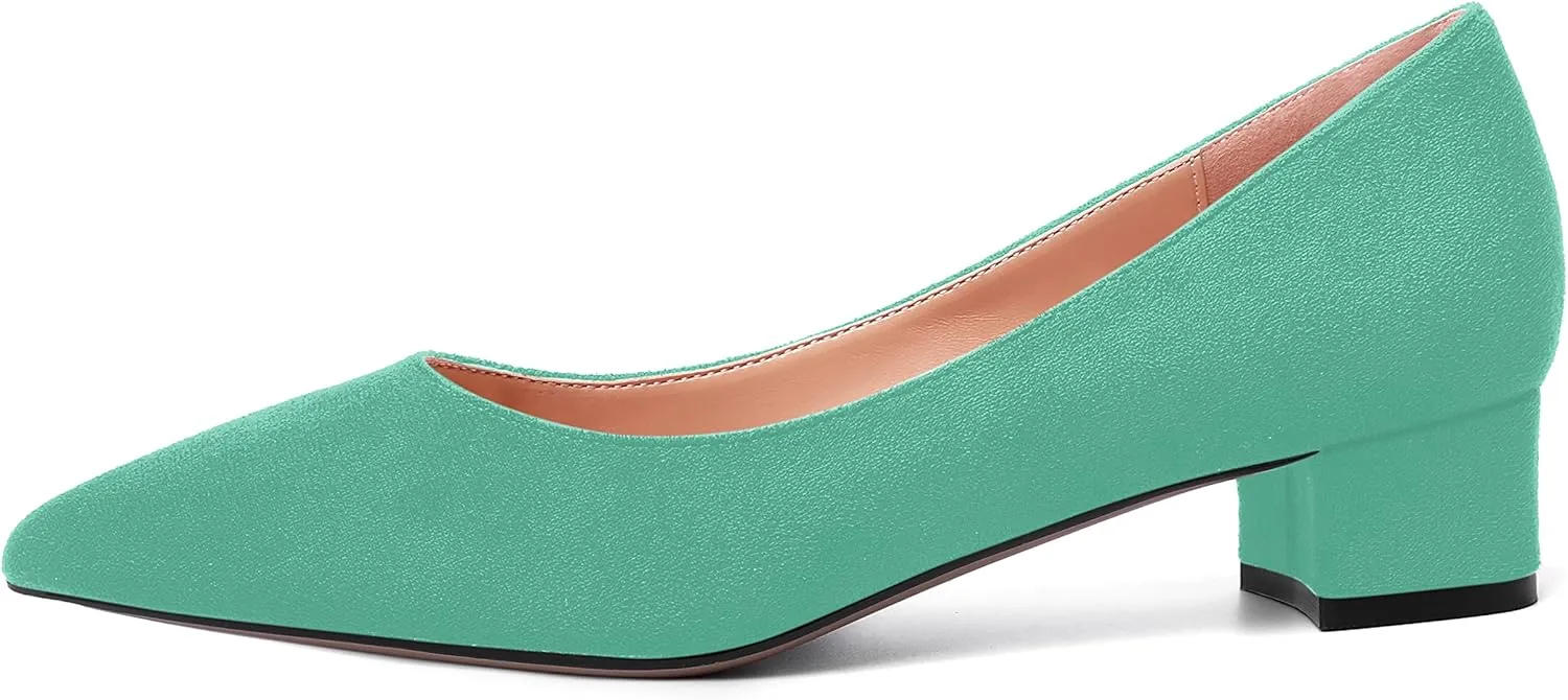 SHOWFOREST Womens Business Slip On Formal Suede Pointed Toe Solid Thick Chunky Low Heel Pumps Shoes 1.5 Inch