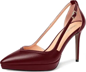 SHOWFOREST Womens Slip On Adjustable Strap Office Platform Solid Fashion Matte Pointed Toe Stiletto High Heel Pumps Shoes 4 Inch