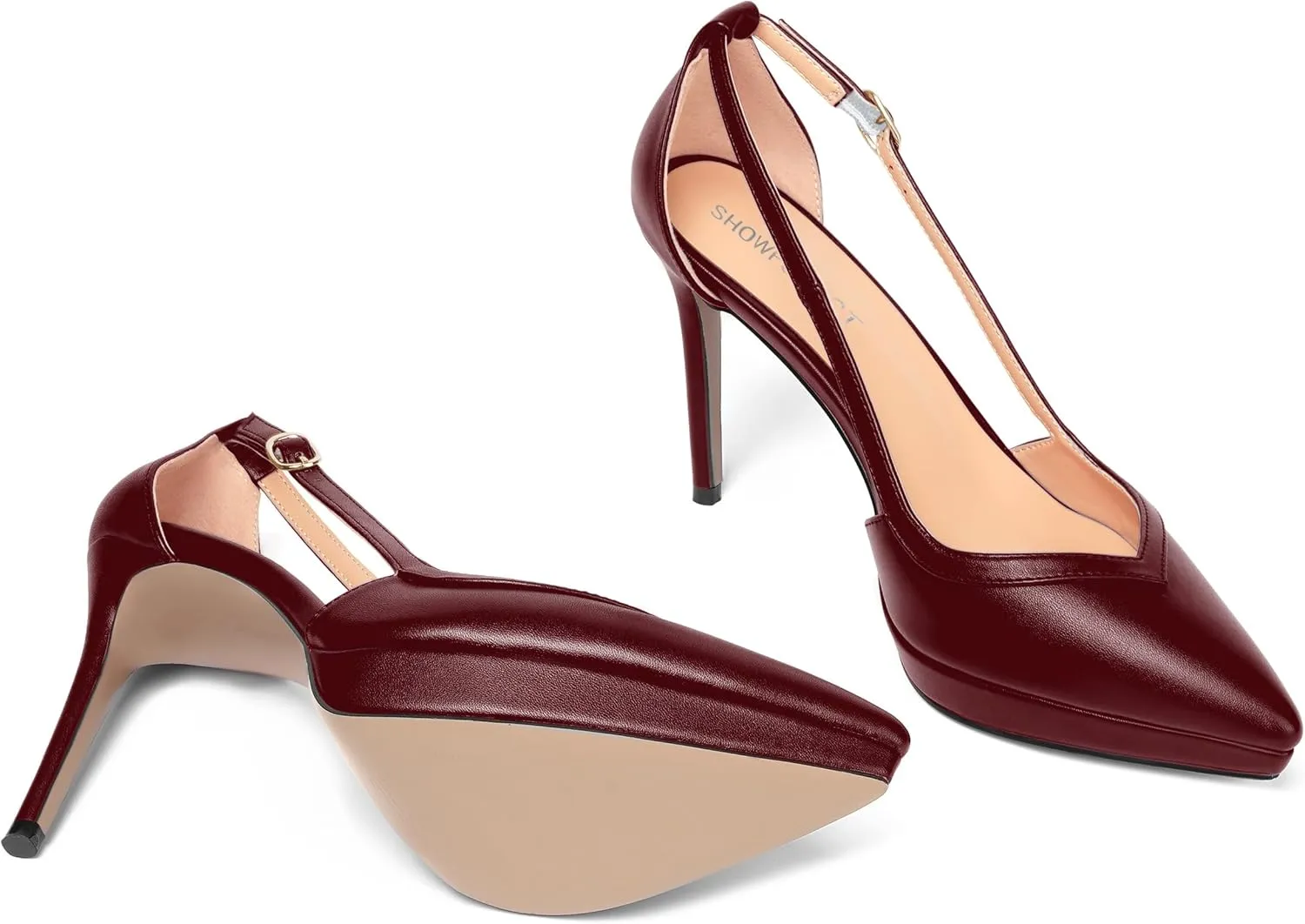 SHOWFOREST Womens Slip On Adjustable Strap Office Platform Solid Fashion Matte Pointed Toe Stiletto High Heel Pumps Shoes 4 Inch