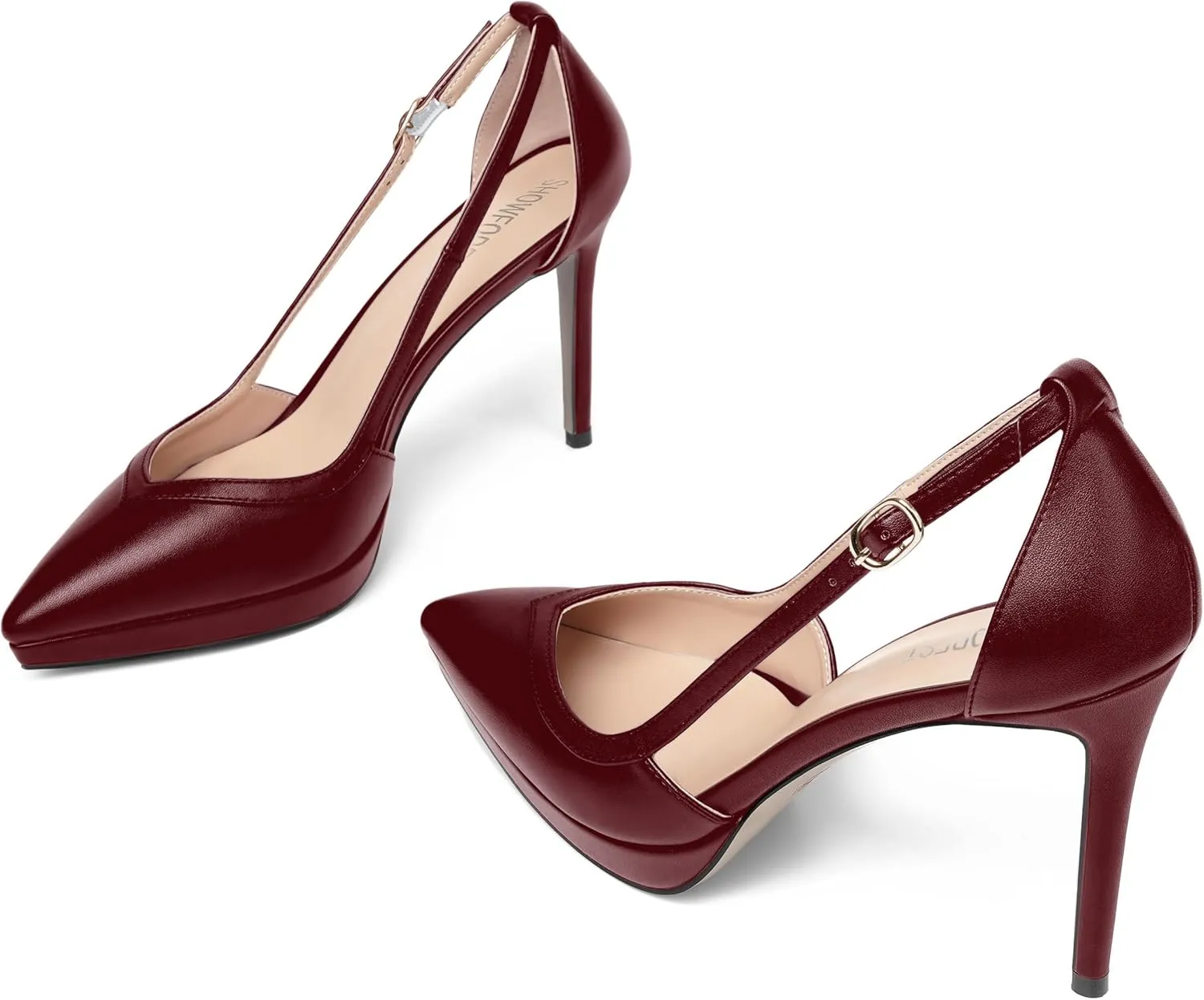 SHOWFOREST Womens Slip On Adjustable Strap Office Platform Solid Fashion Matte Pointed Toe Stiletto High Heel Pumps Shoes 4 Inch