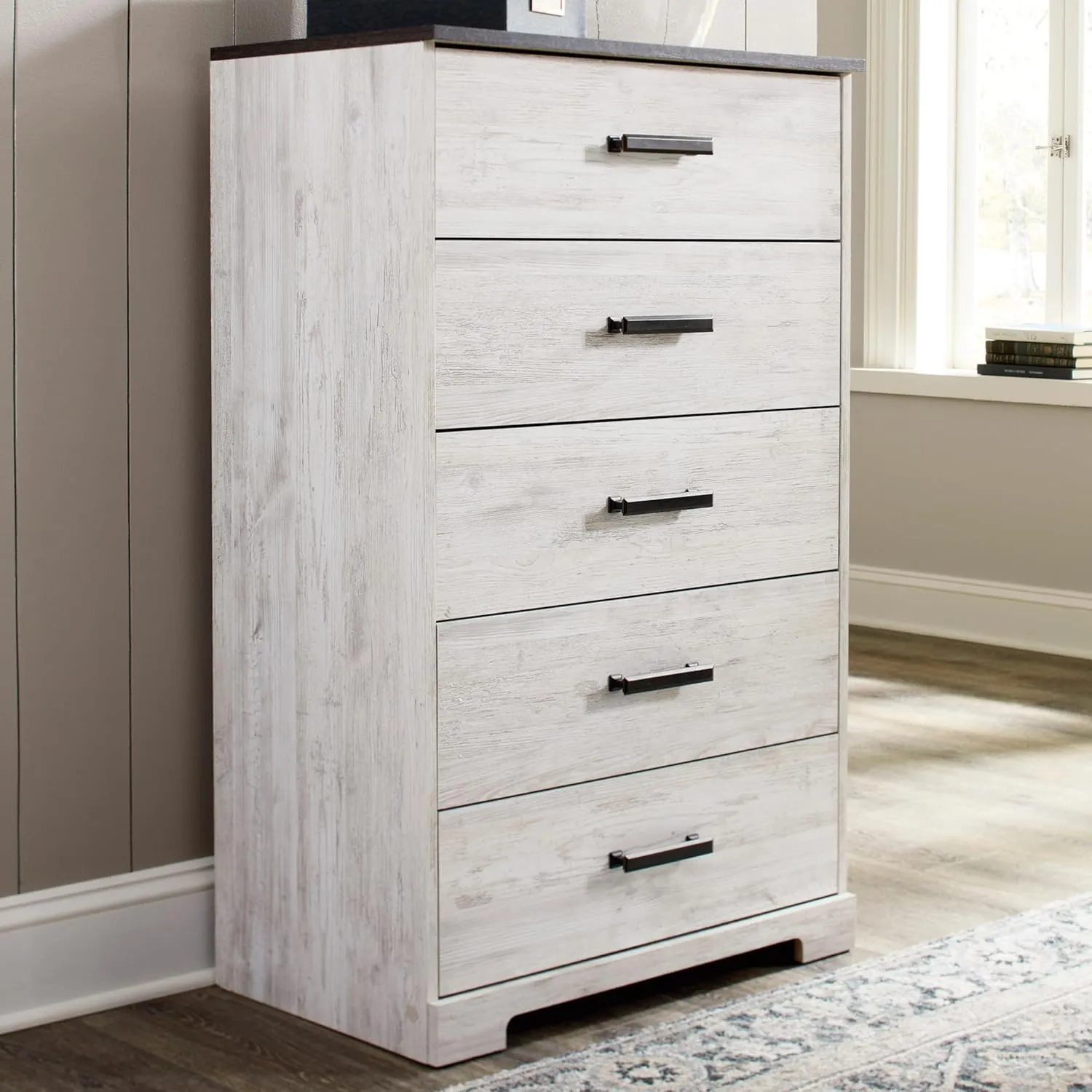 Signature Design by Ashley Shawburn Rustic 5 Drawer Chest of Smooth-Gliding Drawers and Safety Stop, White & Gray