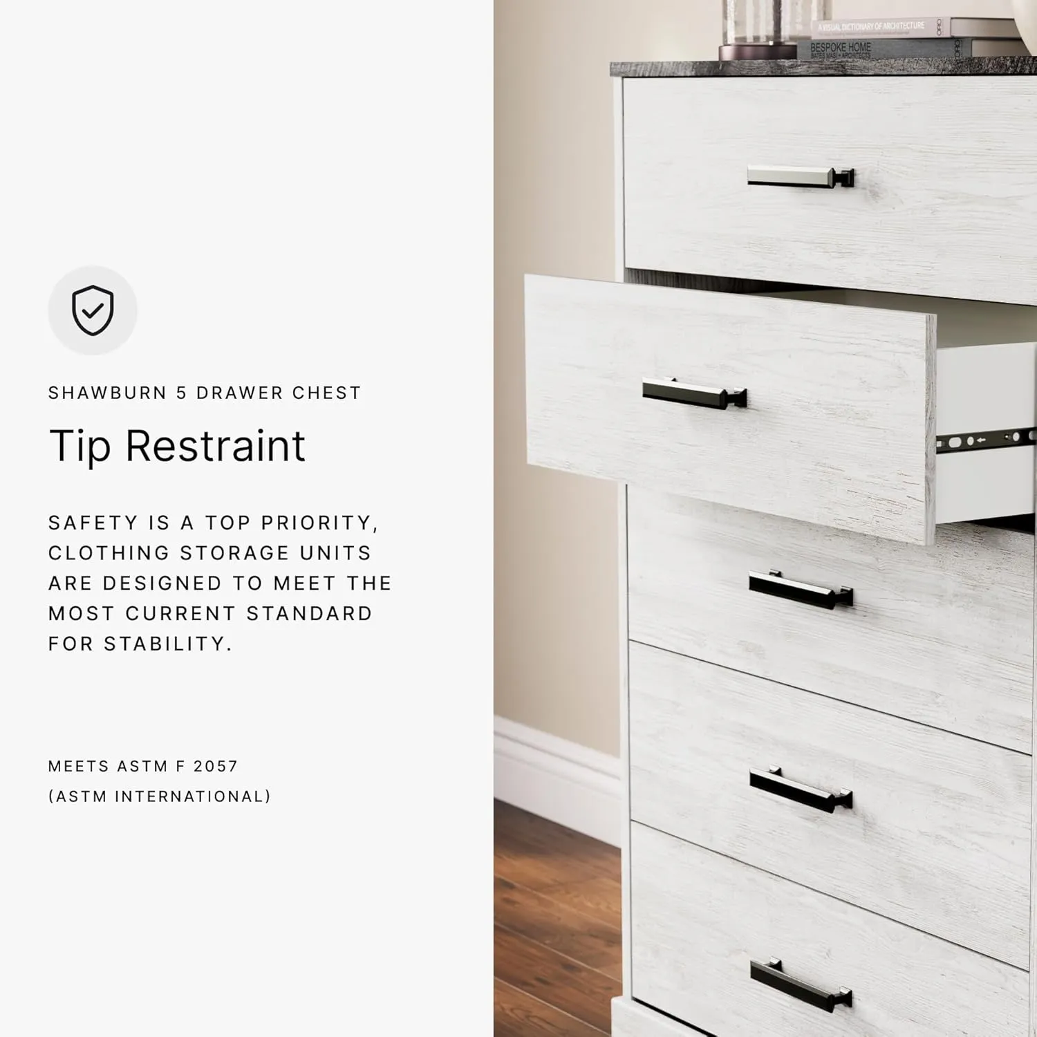 Signature Design by Ashley Shawburn Rustic 5 Drawer Chest of Smooth-Gliding Drawers and Safety Stop, White & Gray