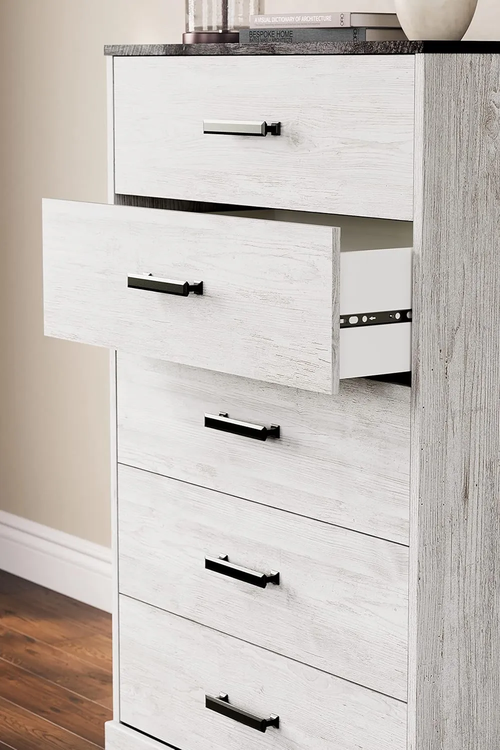 Signature Design by Ashley Shawburn Rustic 5 Drawer Chest of Smooth-Gliding Drawers and Safety Stop, White & Gray