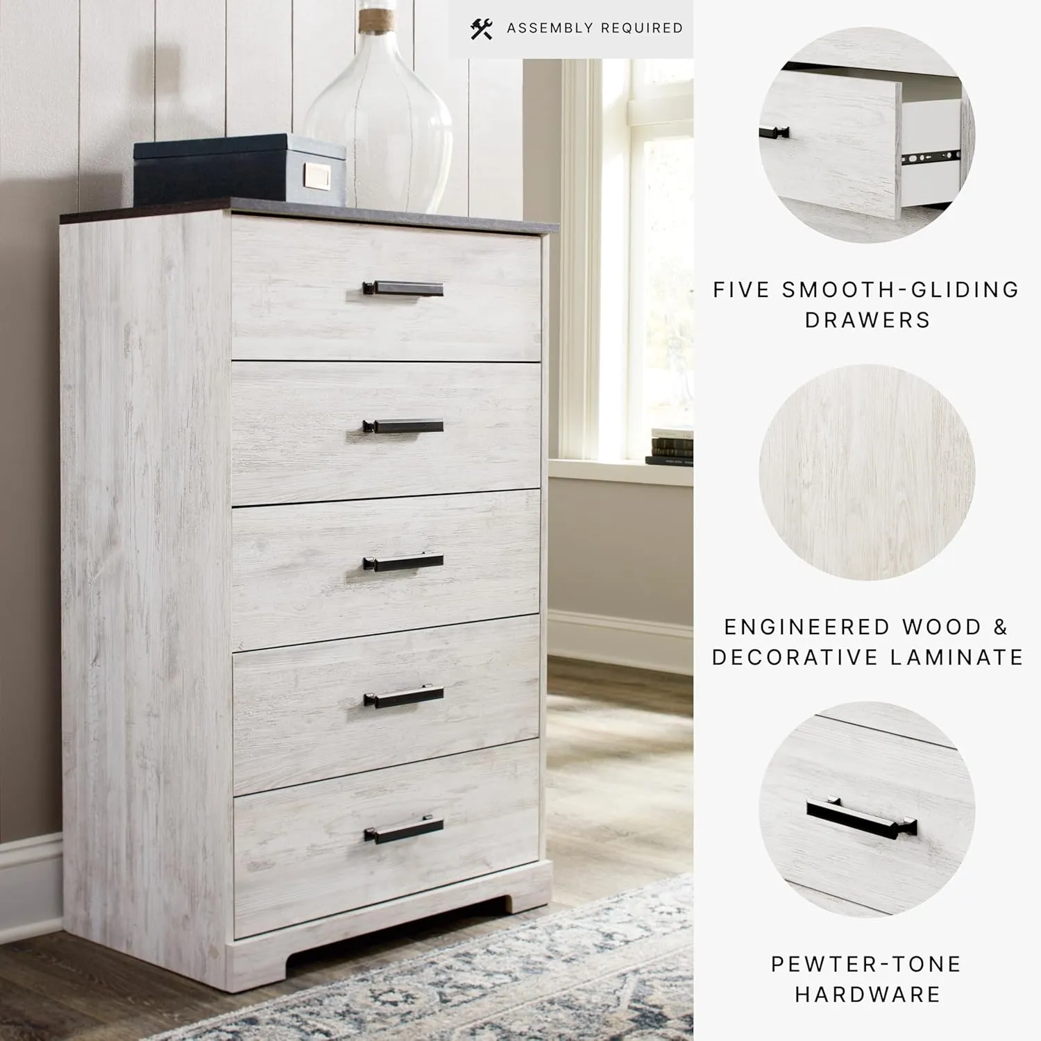 Signature Design by Ashley Shawburn Rustic 5 Drawer Chest of Smooth-Gliding Drawers and Safety Stop, White & Gray