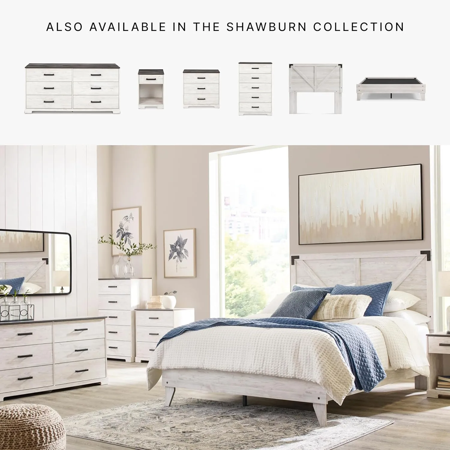 Signature Design by Ashley Shawburn Rustic 5 Drawer Chest of Smooth-Gliding Drawers and Safety Stop, White & Gray