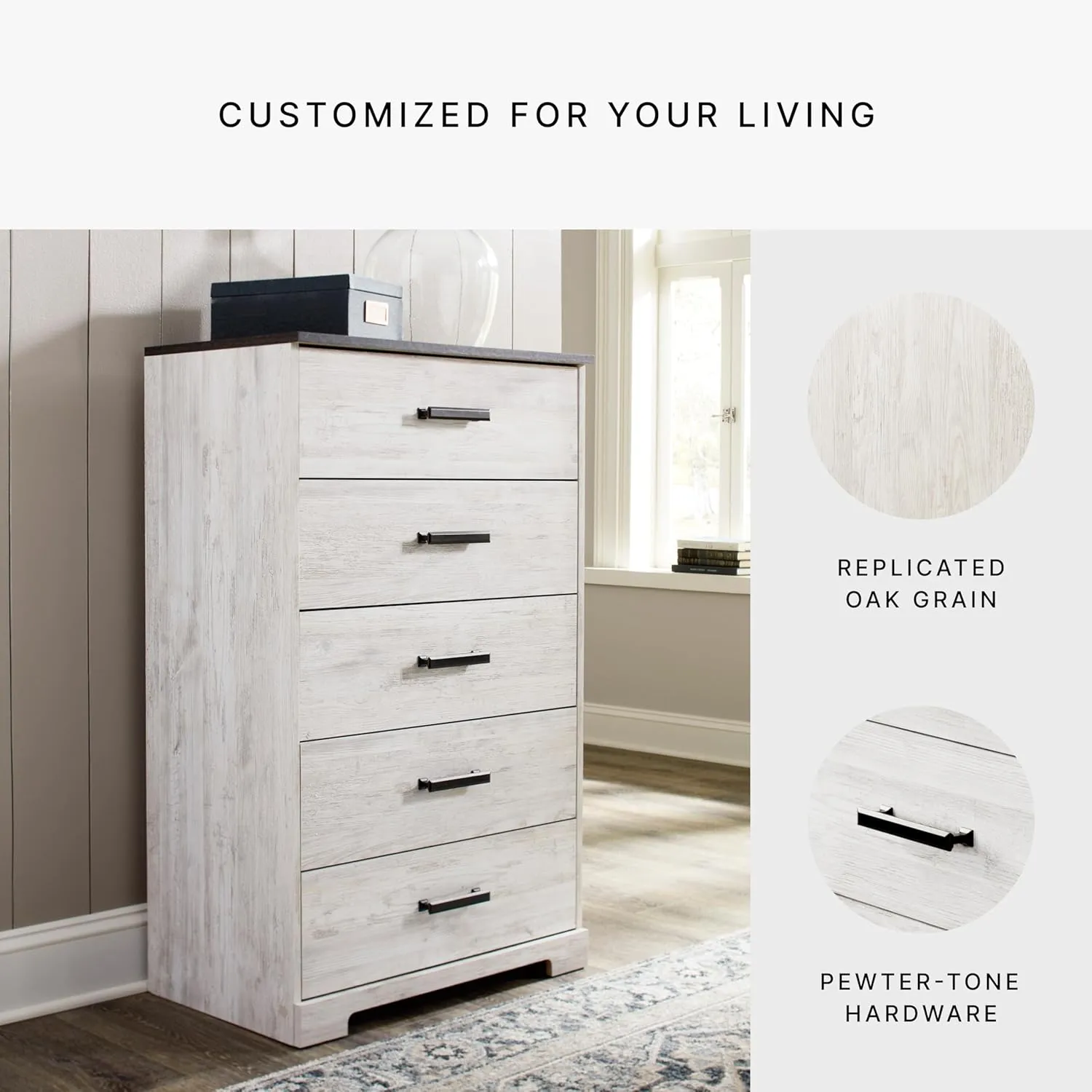Signature Design by Ashley Shawburn Rustic 5 Drawer Chest of Smooth-Gliding Drawers and Safety Stop, White & Gray