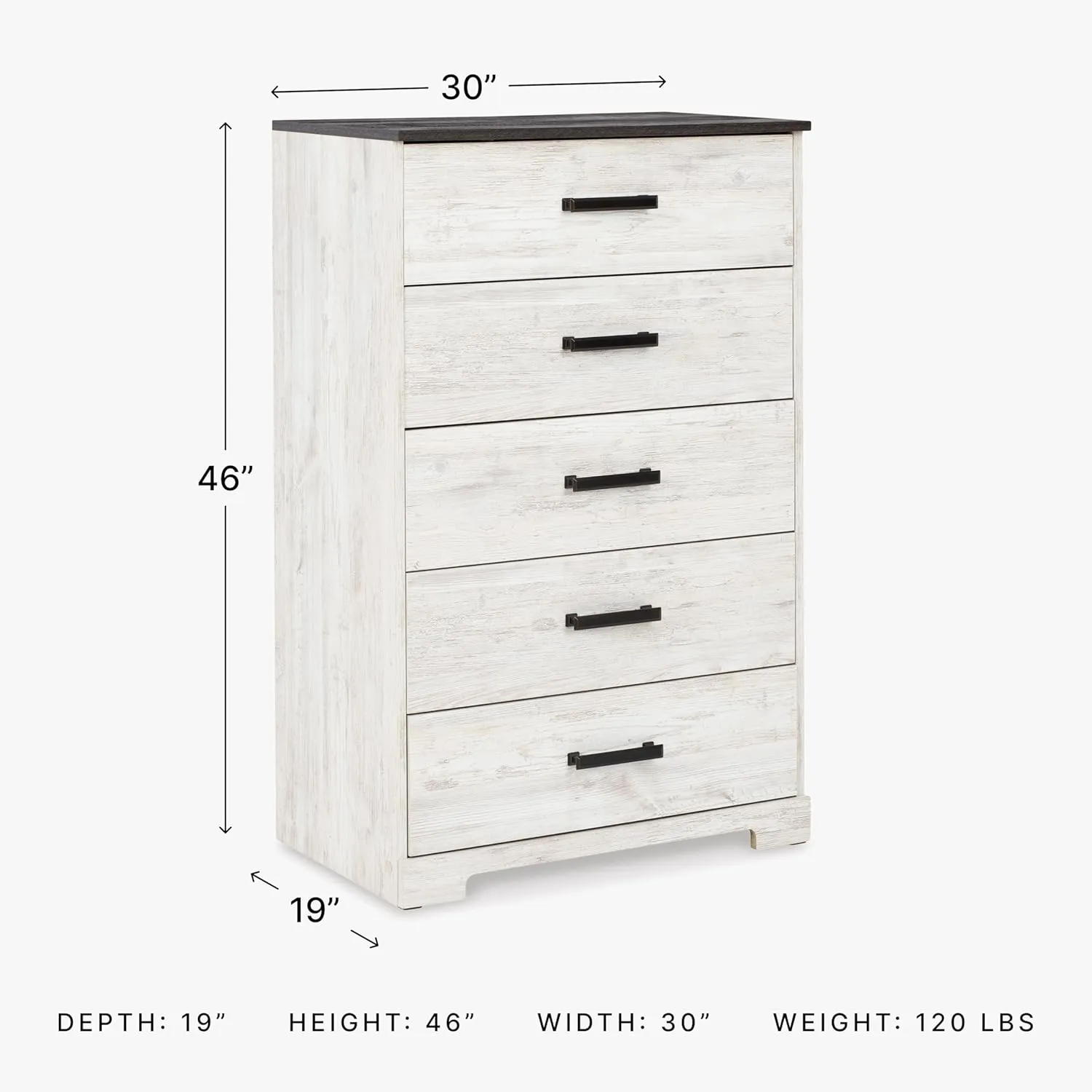 Signature Design by Ashley Shawburn Rustic 5 Drawer Chest of Smooth-Gliding Drawers and Safety Stop, White & Gray