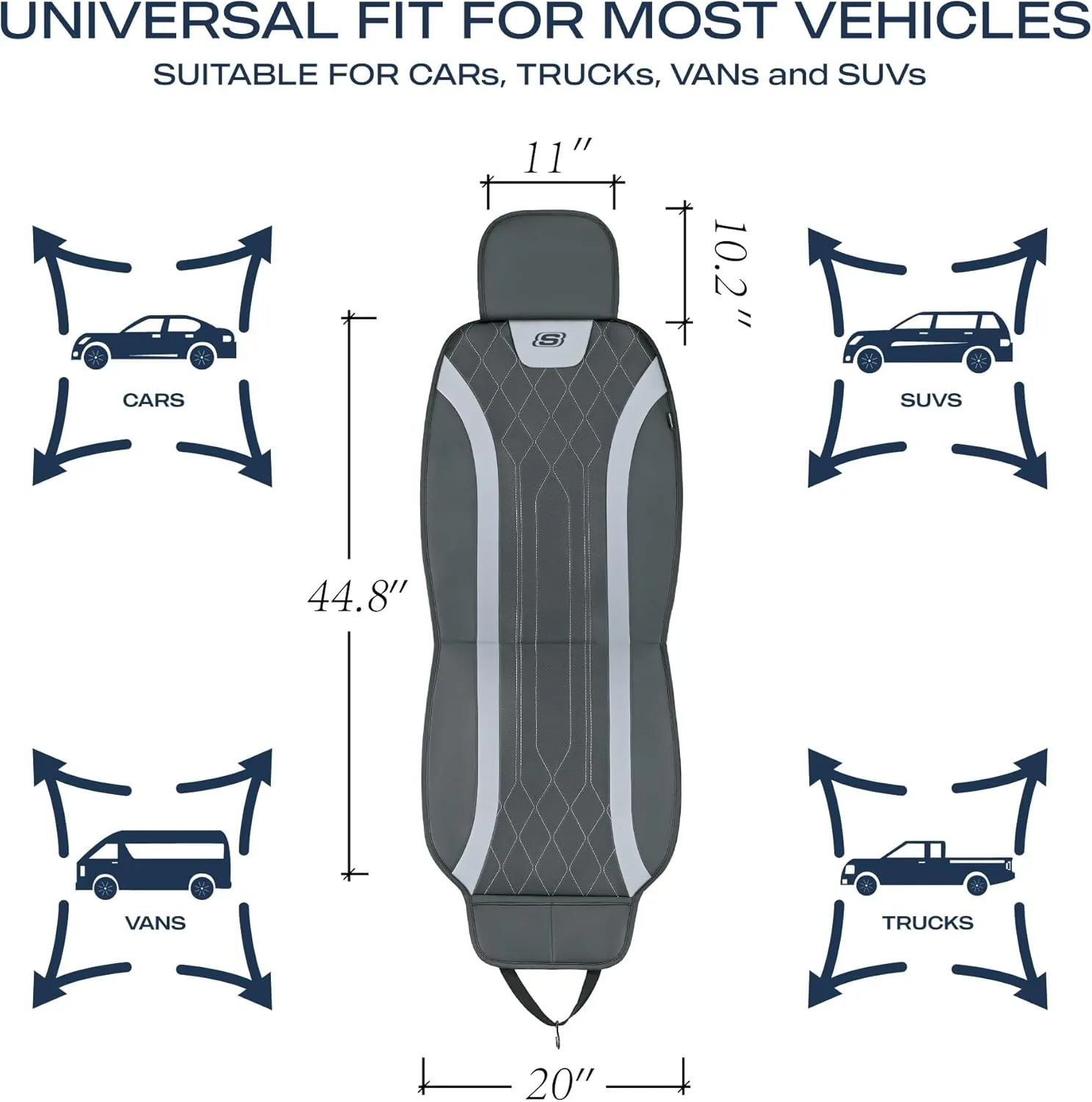 Skechers MAX Cushioning Car Seat Covers,Memory Foam Leather Car Seat Protectors, Airbag Safe Waterproof Sideless Front Seat Covers with Storage Pocket,Universal Fit for Cars Trucks SUV, Gray 2PCS