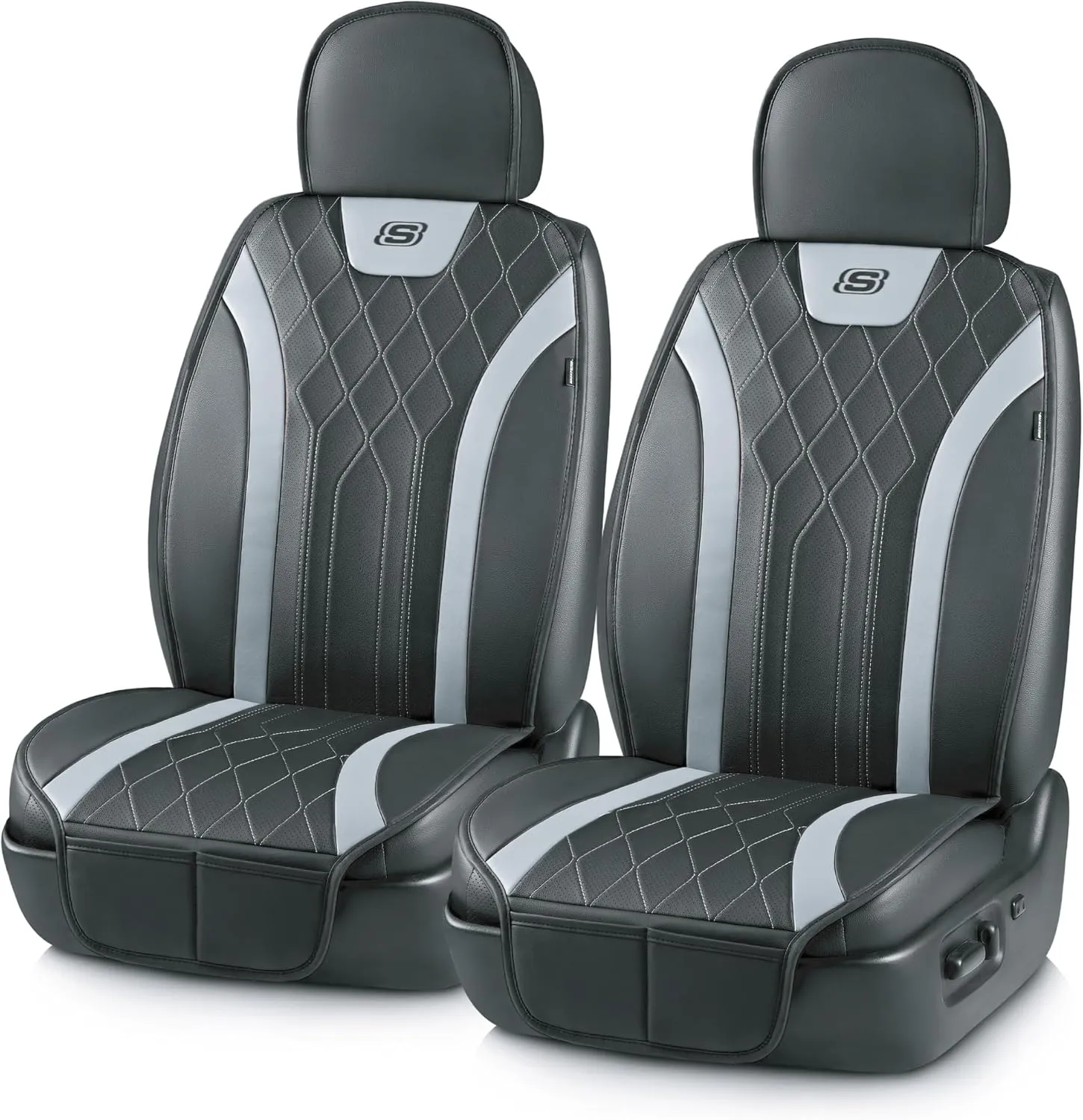 Skechers MAX Cushioning Car Seat Covers,Memory Foam Leather Car Seat Protectors, Airbag Safe Waterproof Sideless Front Seat Covers with Storage Pocket,Universal Fit for Cars Trucks SUV, Gray 2PCS