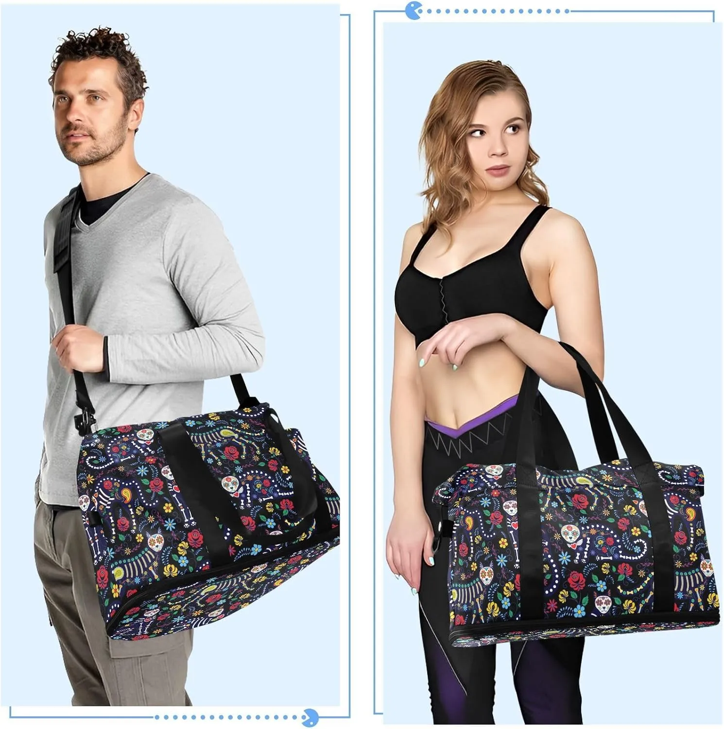 Skull Weekender Bag for Women, Cat Skull with Flowers Gym Sports Duffle Travel Tote with Toiletry Shoes Compartment Dry/Wet Separation Swim Bag