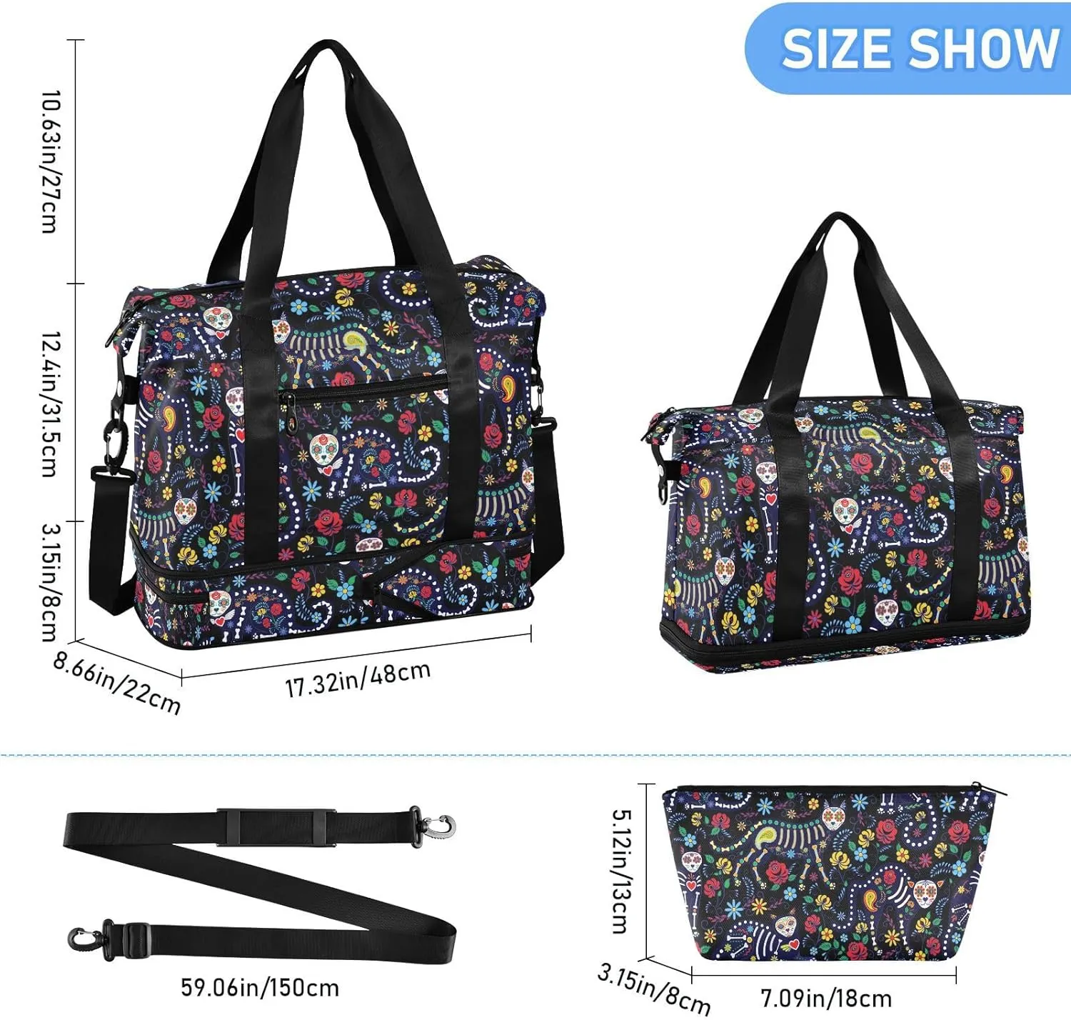 Skull Weekender Bag for Women, Cat Skull with Flowers Gym Sports Duffle Travel Tote with Toiletry Shoes Compartment Dry/Wet Separation Swim Bag
