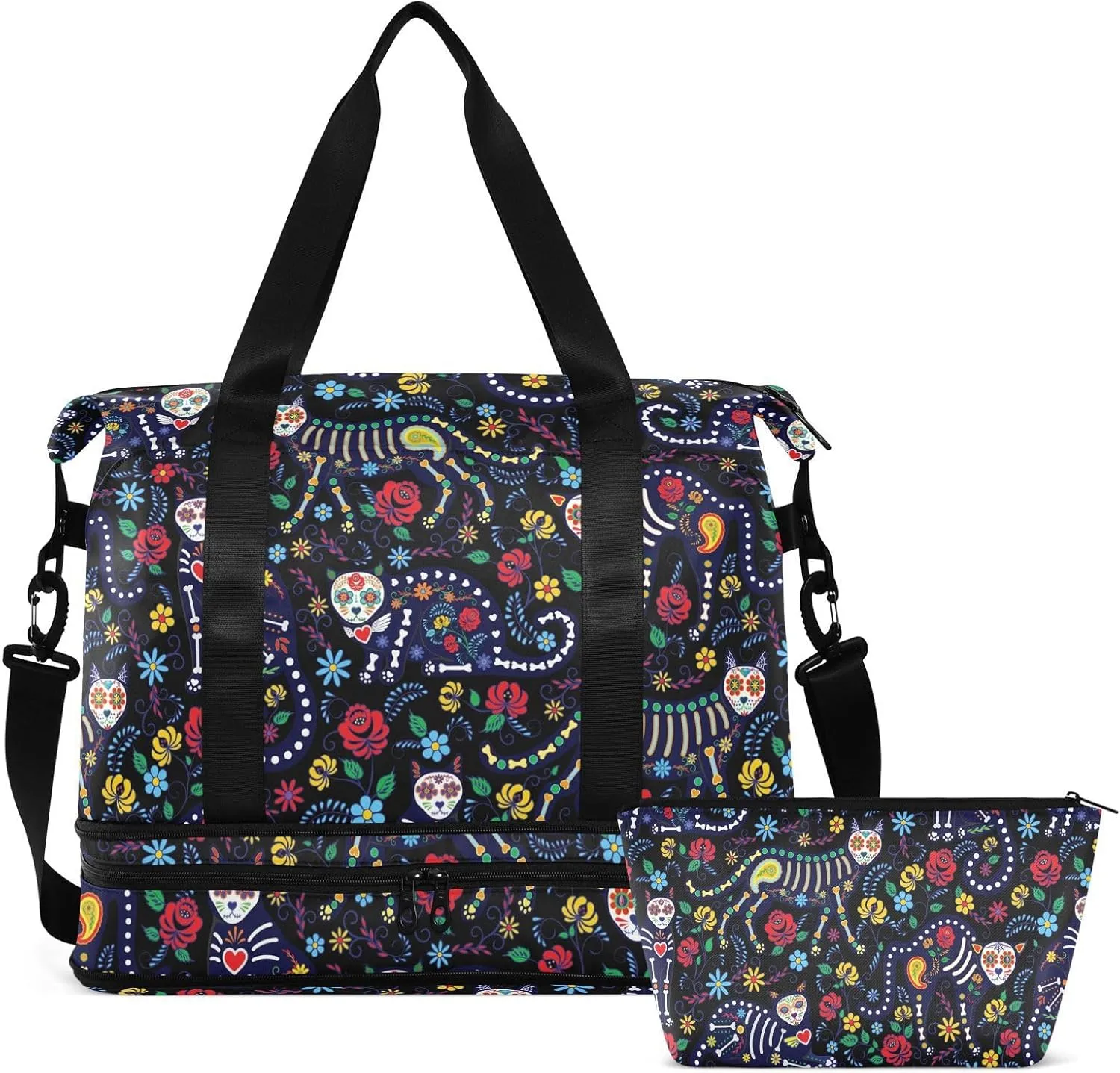 Skull Weekender Bag for Women, Cat Skull with Flowers Gym Sports Duffle Travel Tote with Toiletry Shoes Compartment Dry/Wet Separation Swim Bag