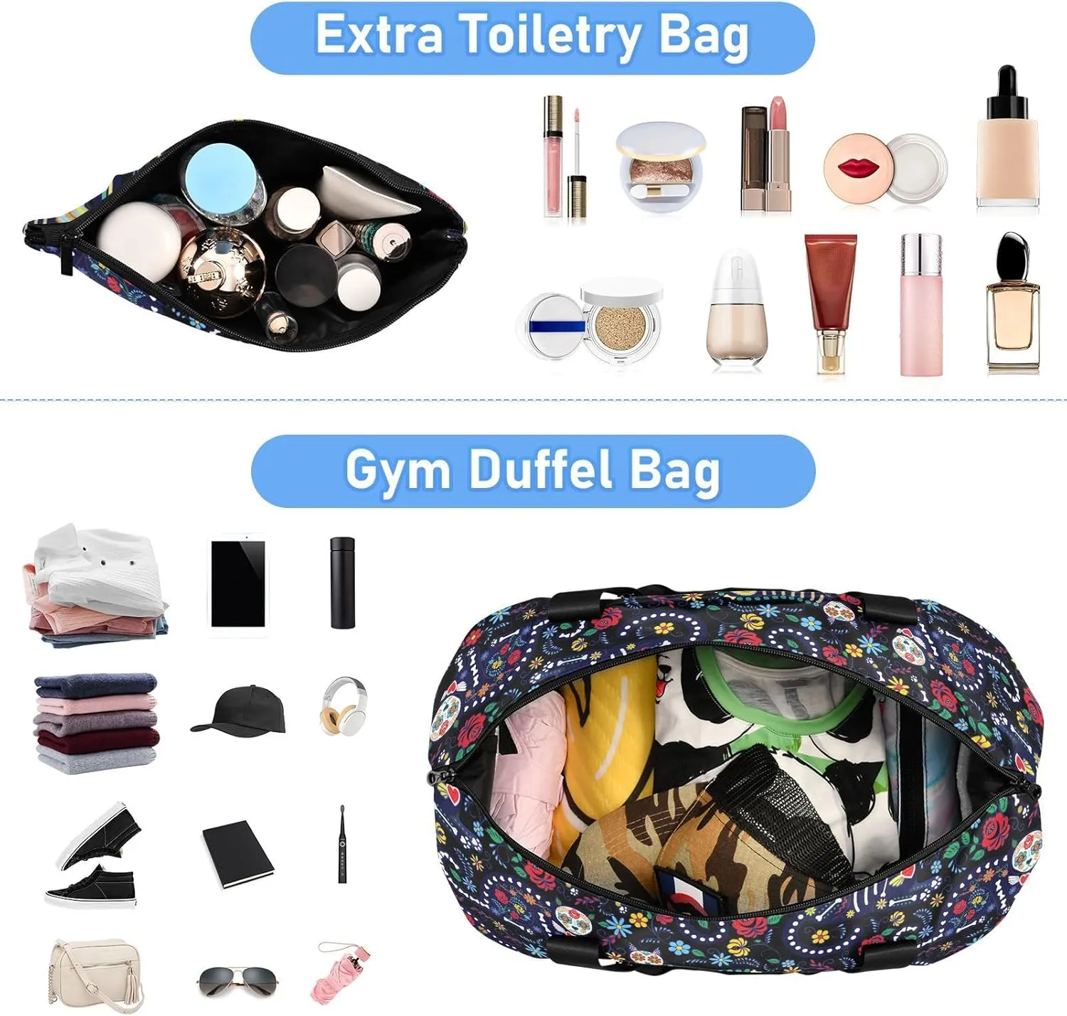 Skull Weekender Bag for Women, Cat Skull with Flowers Gym Sports Duffle Travel Tote with Toiletry Shoes Compartment Dry/Wet Separation Swim Bag