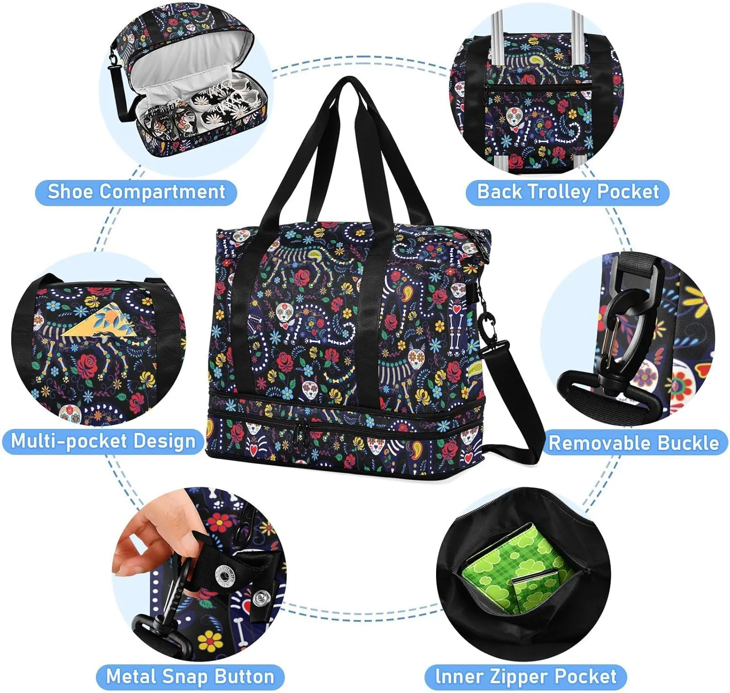 Skull Weekender Bag for Women, Cat Skull with Flowers Gym Sports Duffle Travel Tote with Toiletry Shoes Compartment Dry/Wet Separation Swim Bag