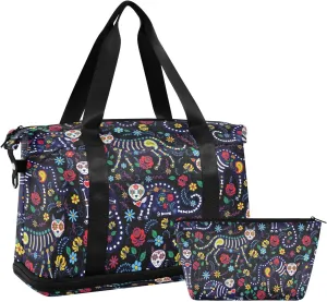 Skull Weekender Bag for Women, Cat Skull with Flowers Gym Sports Duffle Travel Tote with Toiletry Shoes Compartment Dry/Wet Separation Swim Bag
