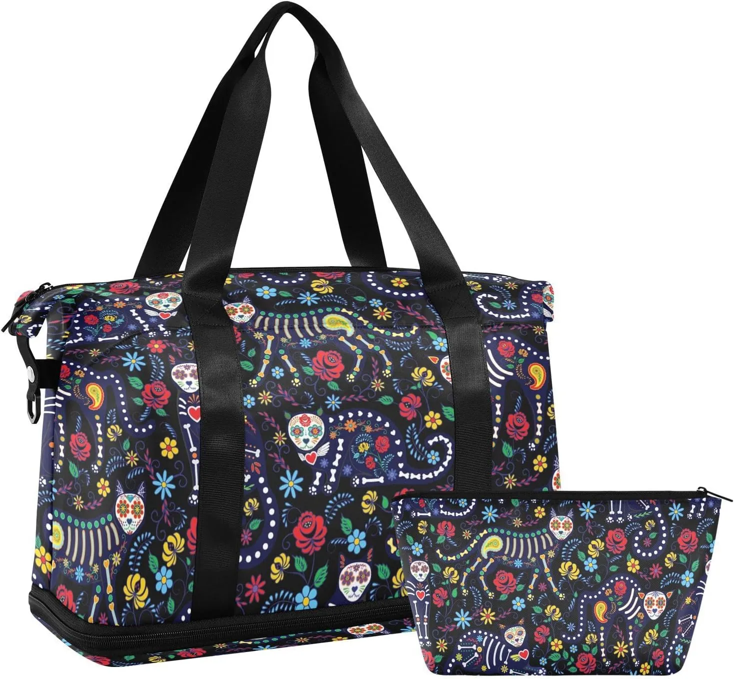 Skull Weekender Bag for Women, Cat Skull with Flowers Gym Sports Duffle Travel Tote with Toiletry Shoes Compartment Dry/Wet Separation Swim Bag