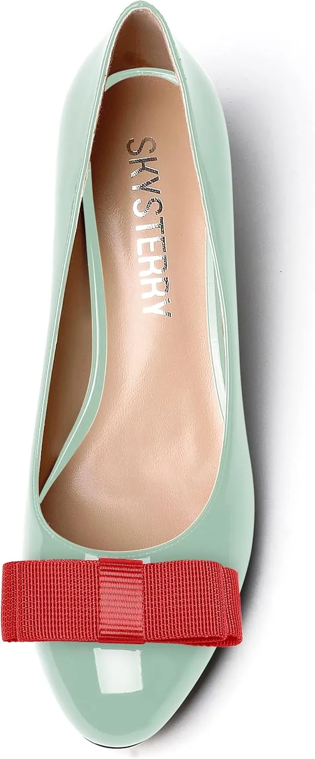 SKYSTERRY Women's Casual Round Toe Patent Bow Slip On Wedding Spool Mid Heel Pumps Shoes 2.5 Inch