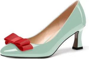 SKYSTERRY Women's Casual Round Toe Patent Bow Slip On Wedding Spool Mid Heel Pumps Shoes 2.5 Inch