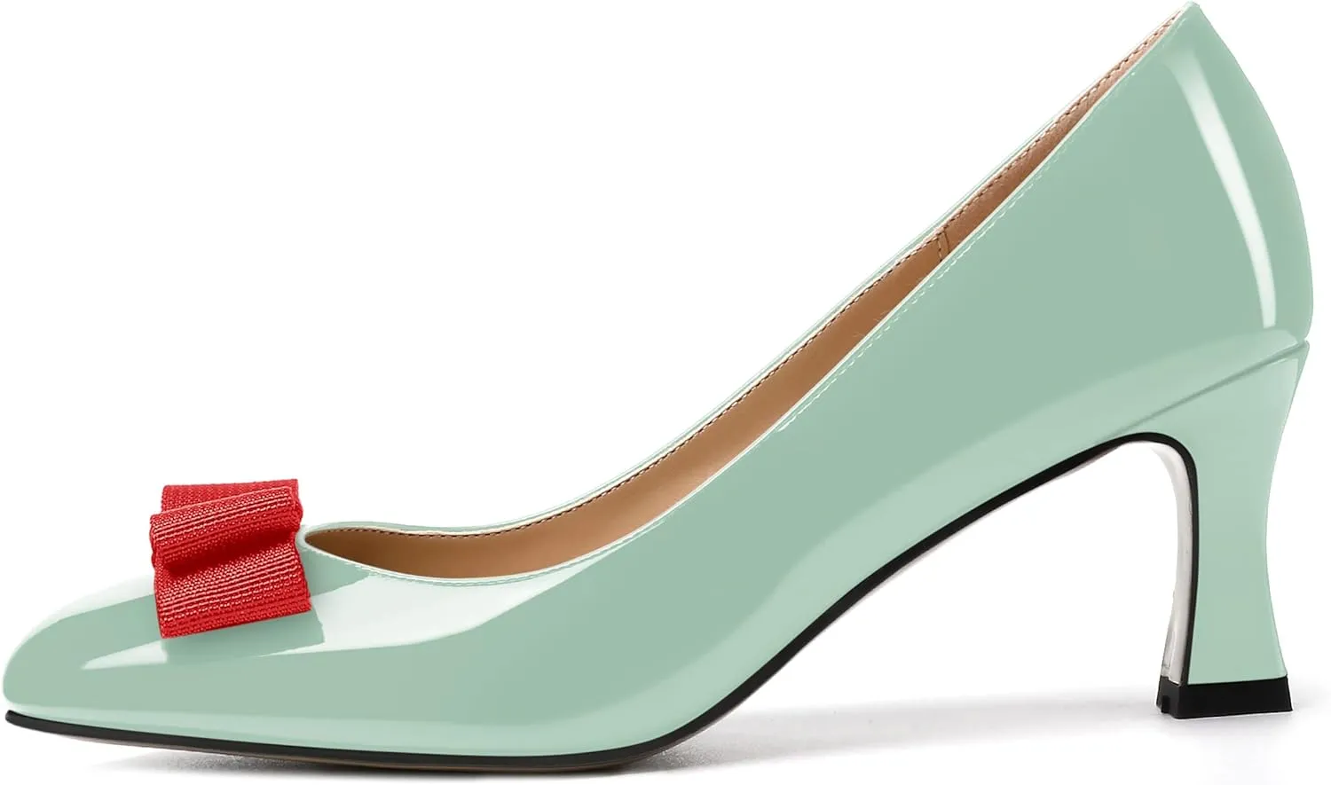 SKYSTERRY Women's Casual Round Toe Patent Bow Slip On Wedding Spool Mid Heel Pumps Shoes 2.5 Inch