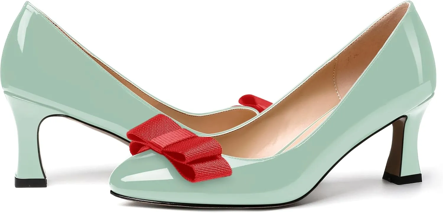 SKYSTERRY Women's Casual Round Toe Patent Bow Slip On Wedding Spool Mid Heel Pumps Shoes 2.5 Inch