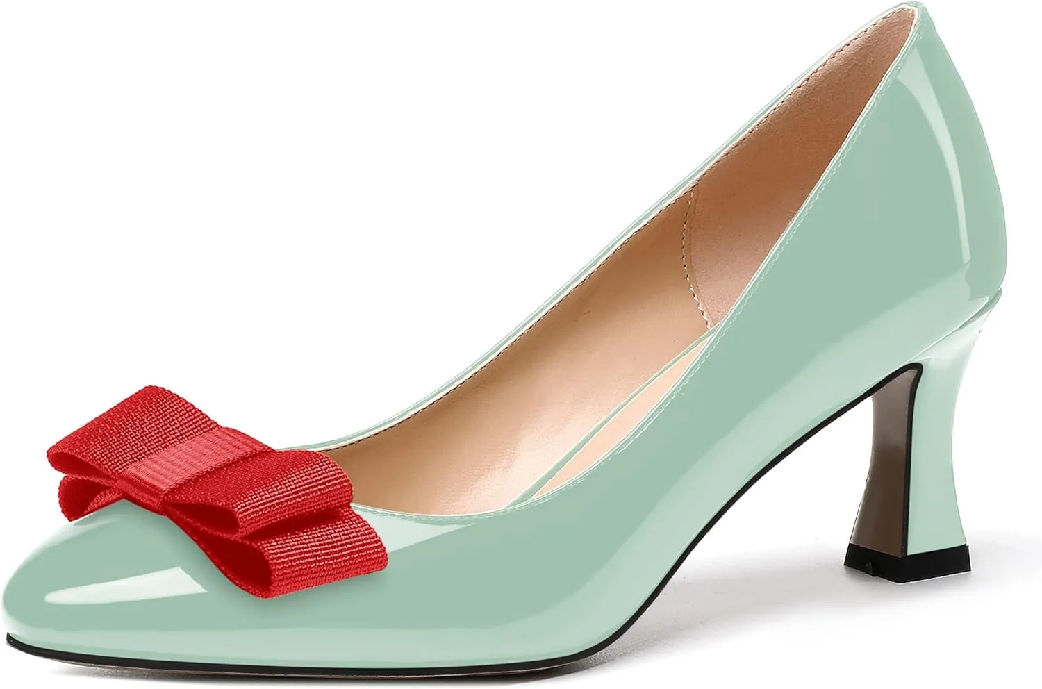 SKYSTERRY Women's Casual Round Toe Patent Bow Slip On Wedding Spool Mid Heel Pumps Shoes 2.5 Inch