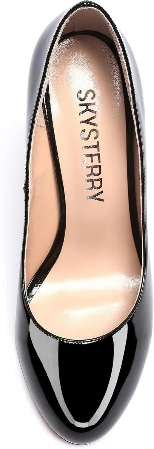 SKYSTERRY Womens Patent Slip On Round Toe Office Casual Spool High Heel Pumps Shoes 3.3 Inch