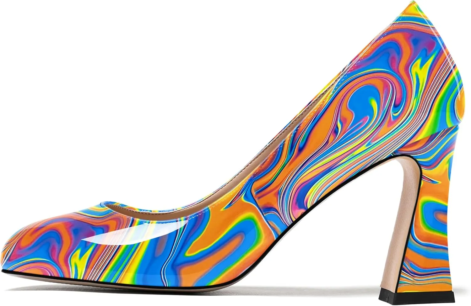 SKYSTERRY Womens Patent Slip On Round Toe Office Casual Spool High Heel Pumps Shoes 3.3 Inch