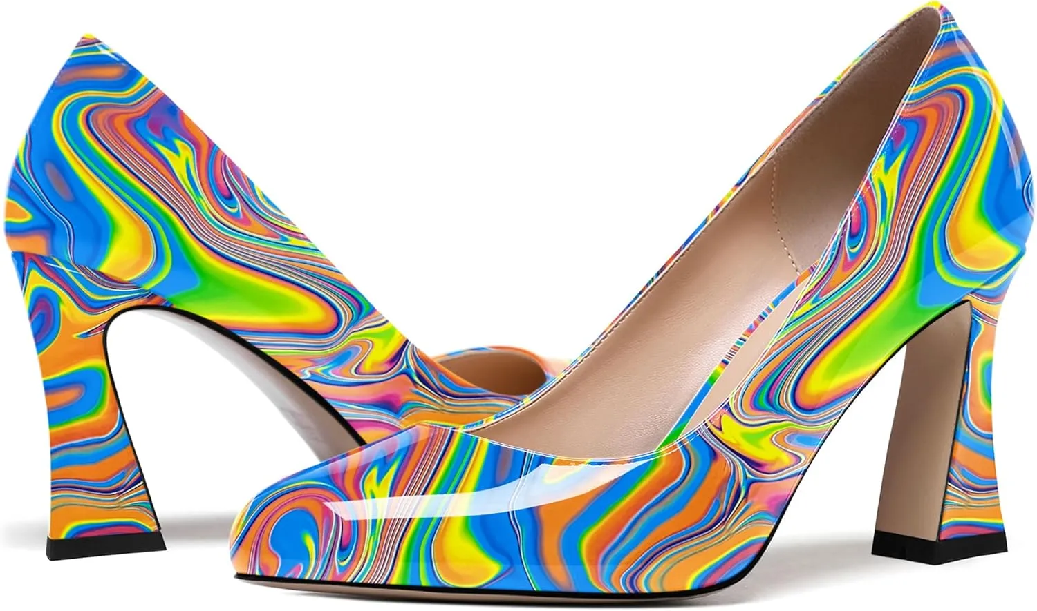 SKYSTERRY Womens Patent Slip On Round Toe Office Casual Spool High Heel Pumps Shoes 3.3 Inch