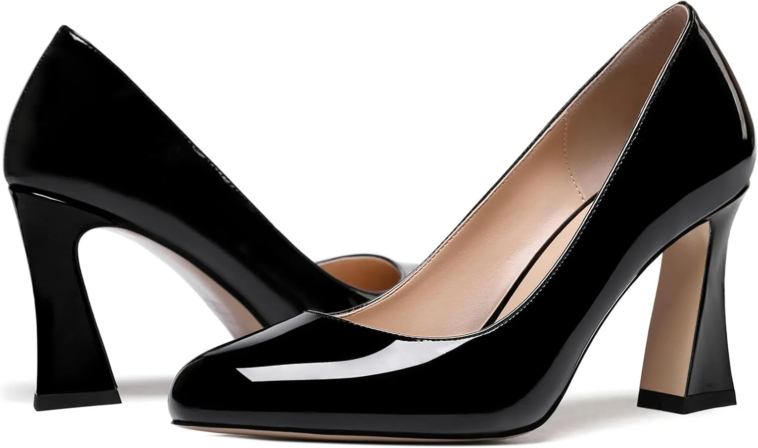 SKYSTERRY Womens Patent Slip On Round Toe Office Casual Spool High Heel Pumps Shoes 3.3 Inch