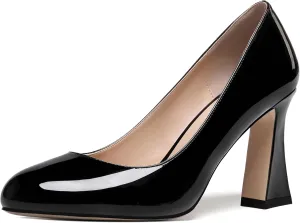 SKYSTERRY Womens Patent Slip On Round Toe Office Casual Spool High Heel Pumps Shoes 3.3 Inch