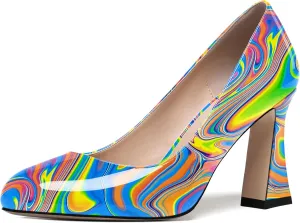 SKYSTERRY Womens Patent Slip On Round Toe Office Casual Spool High Heel Pumps Shoes 3.3 Inch