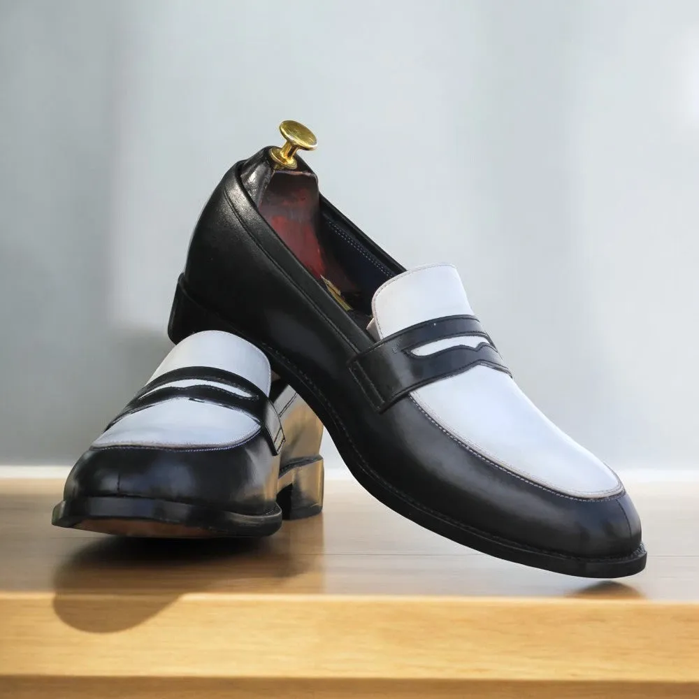 Sleek Contrast: Black & White Leather Penny Loafers at Posh Footwears