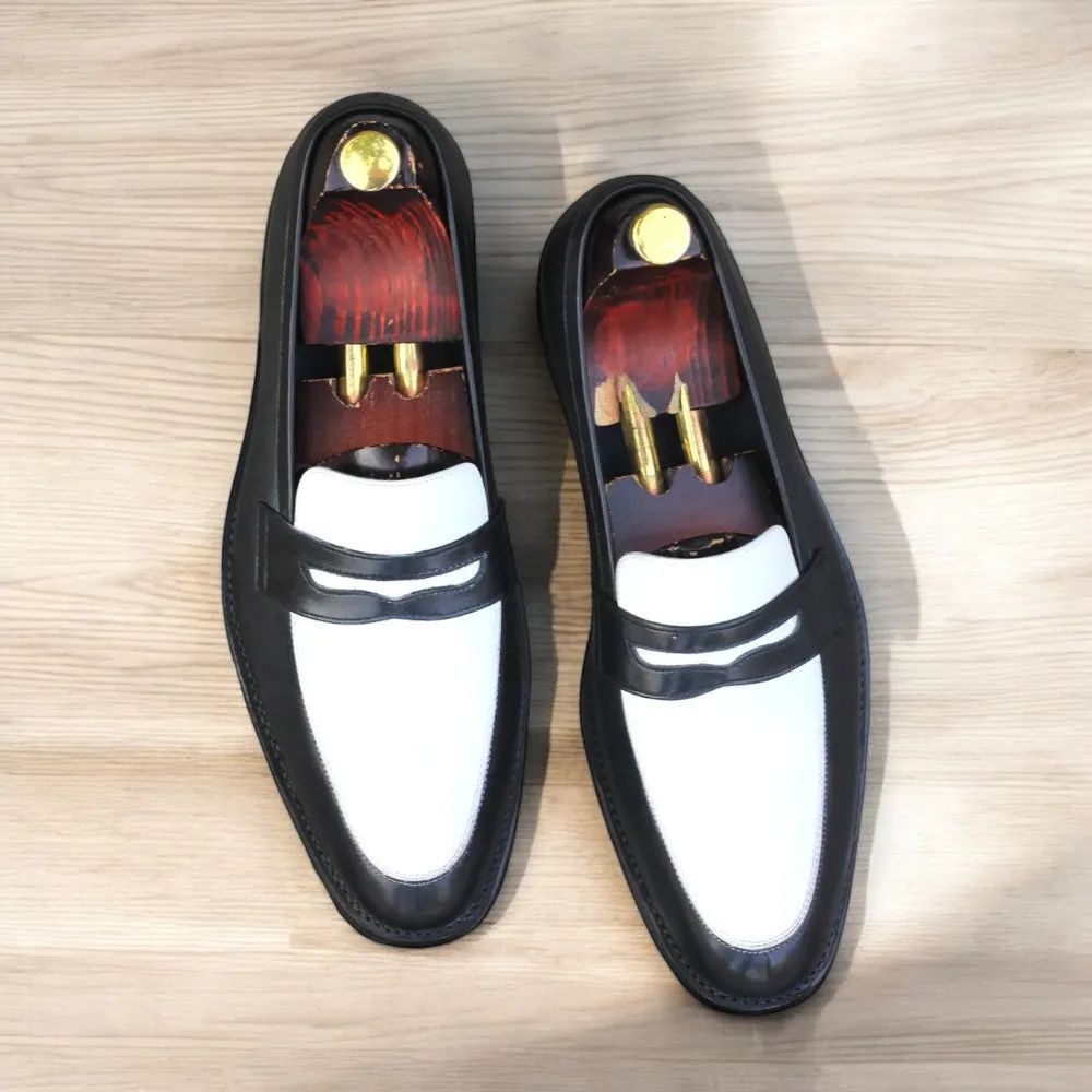 Sleek Contrast: Black & White Leather Penny Loafers at Posh Footwears