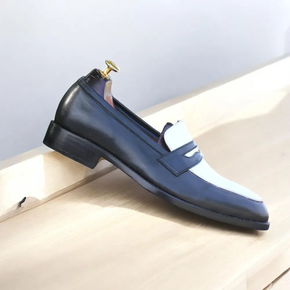 Sleek Contrast: Black & White Leather Penny Loafers at Posh Footwears
